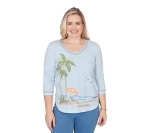 Alfred Dunner Women's Scenic Palm Tree Embroidered Top