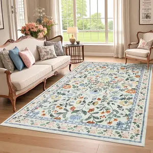 Modern Washable Area Rug for Living Room, Vintage Floral Carpet with Non Slip Backing, Low Pile Stain Resistant Floor Mat for Dorm
