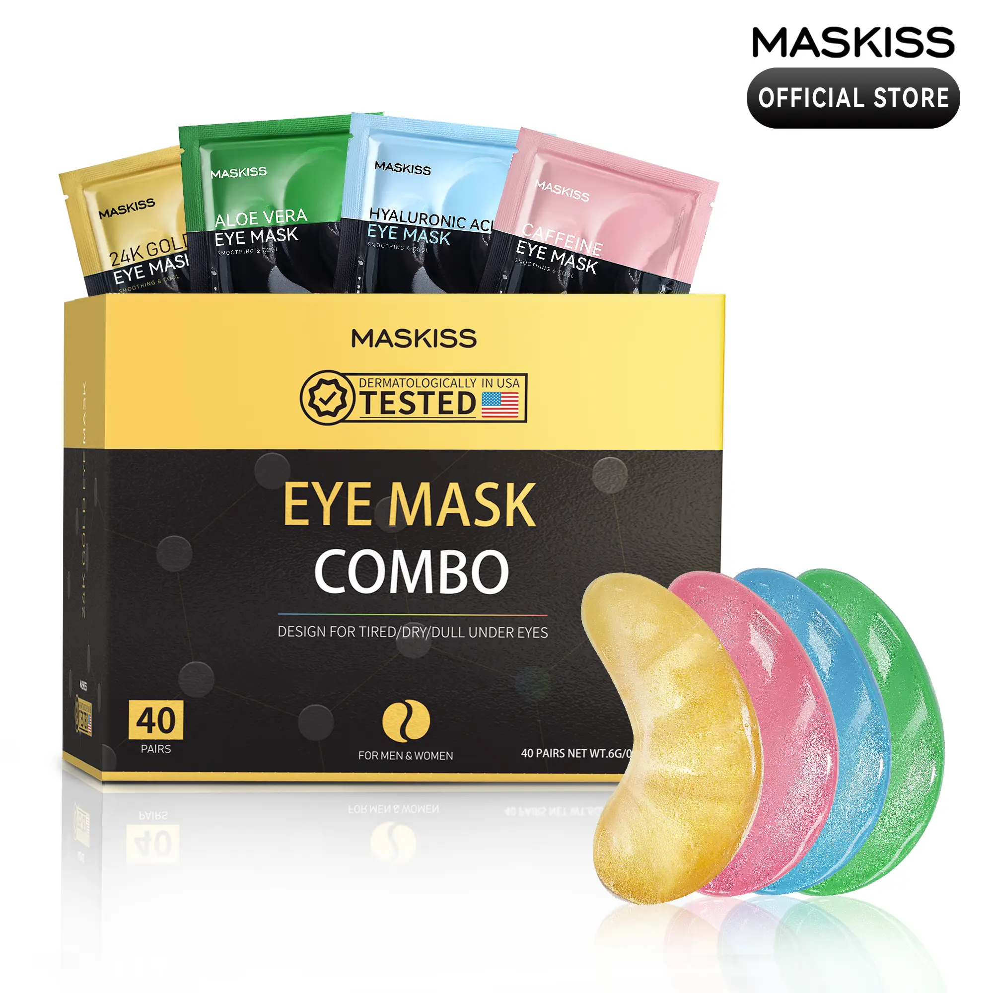 MASKISS 40 Pairs Eye Mask Combo – 24K Gold, Aloe Vera, Hyaluronic Acid & Caffeine Under Eye Patches for Dark Circles, Puffiness & Tired Eyes | Dermatologically Tested