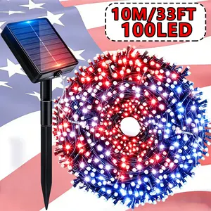 1 piece Patriot outdoor decorative light, 33 ft / 10 m / 100 LEDs, solar powered, 8 lighting modes, suitable for Independence Day decorations, gardens, trees, patios, stairs, Independence Day party decor, weddings, Christmas decorations, and outdoor decor