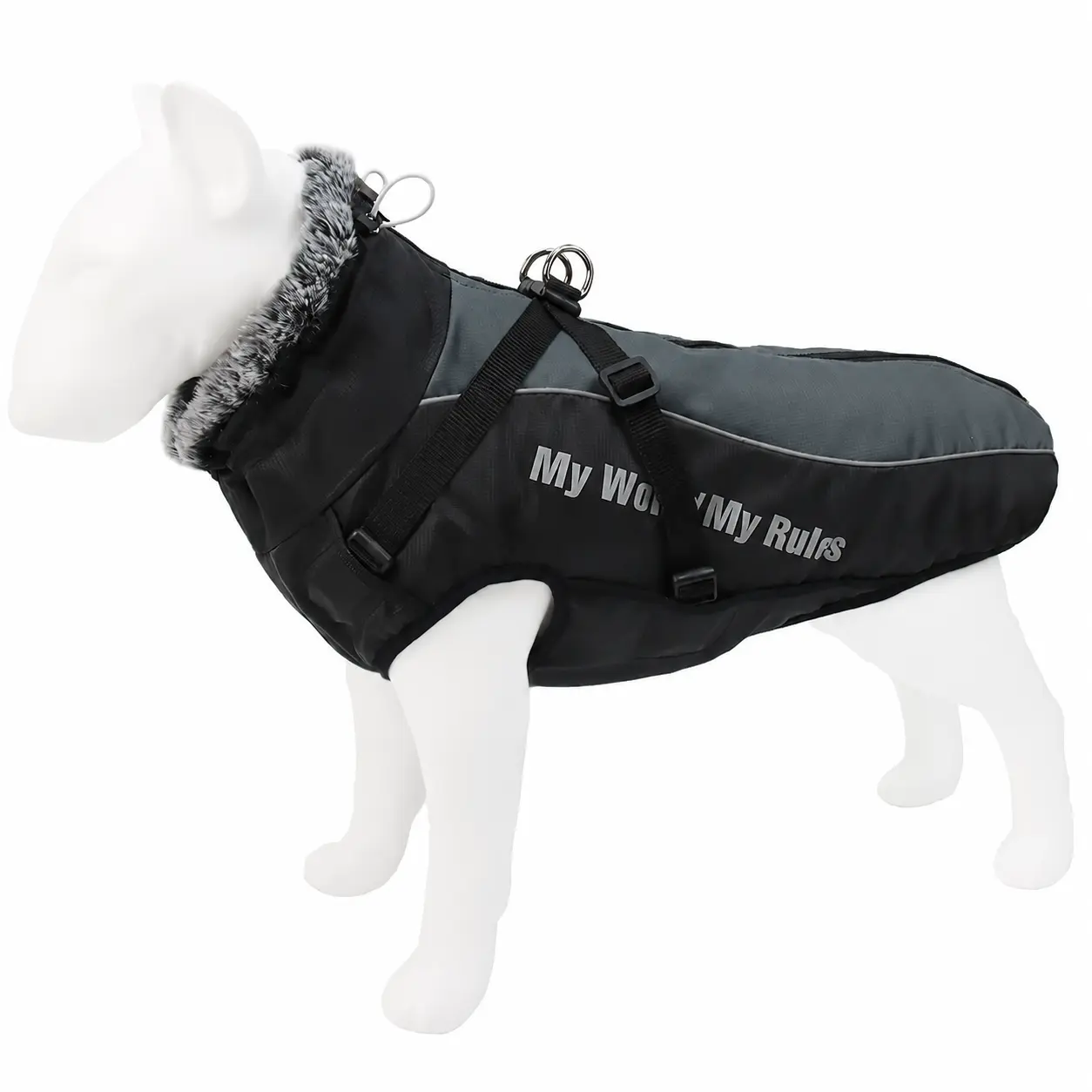 Padded Winter Dog Coat with Plush Collar, Reflective Details and Adjustable Harness Straps, XL–6XL