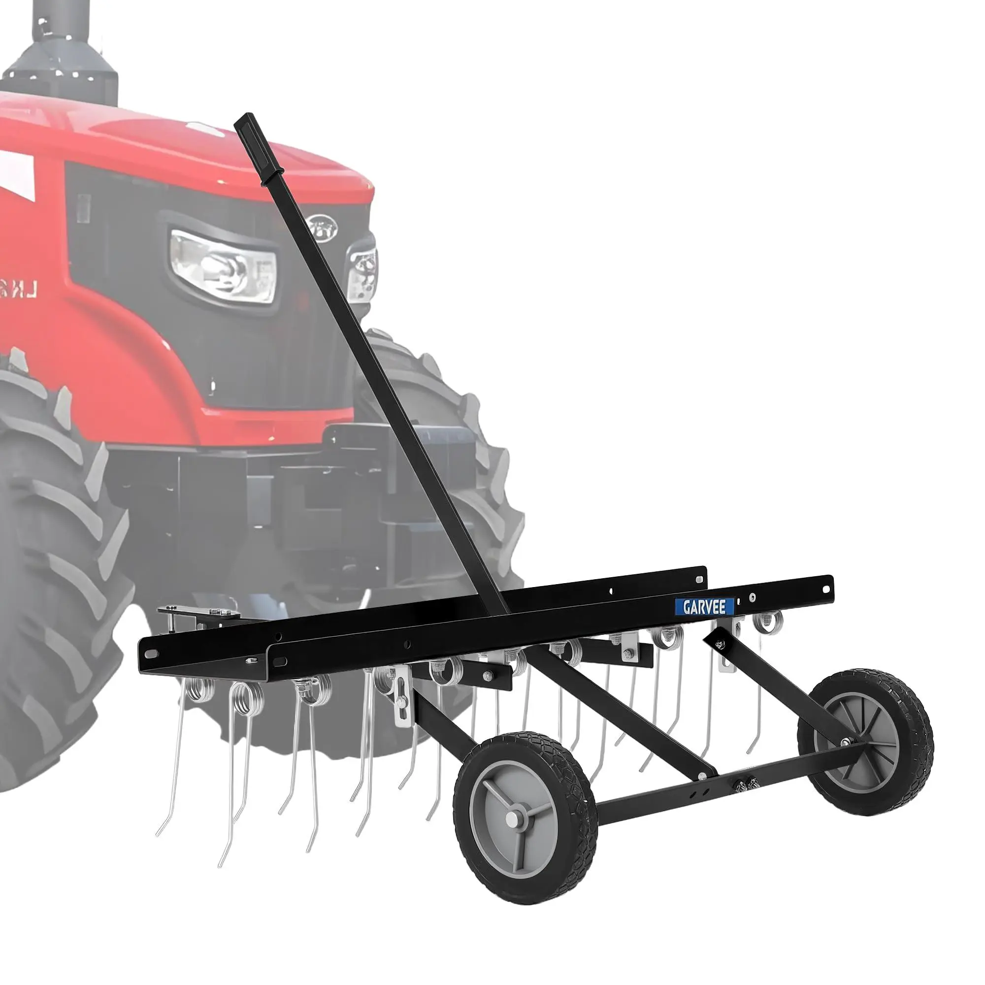 GARVEE Tow Behind Lawn Rake, 48-Inch Tow Dethatcher with 24 Spring Steel Tines, Lawn Dethatcher Rake for ATV or Mower, Lawn Sweeper with Lift Handle for Garden Farm Grass, Black (with Gloves)