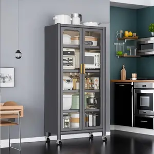 65" Kitchen Pantry Storage Cabinet, 6 Tier Metal Display Storage Cabinet with Transparent Door, Adjustable Shelves & Wheels, Food Pantries Cabinets, for Kitchen, Living Room，Gray