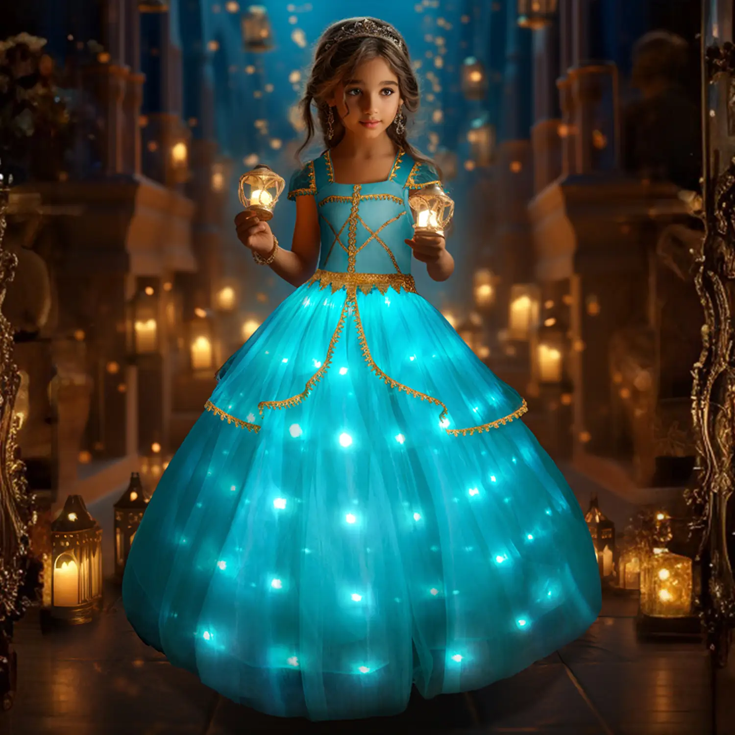 UPORPOR Light Up Princess Dress Up Clothes Costume Girls Halloween Christmas Princess Cosplay Party Dress Blue Green, Batteries Not Included