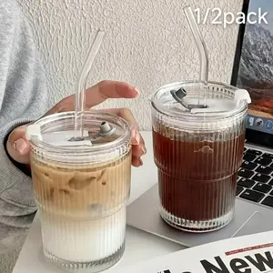 Viral Trending Aesthetic Ribbed Clear Glass Tumbler 1/2 Pack with Lid and Straw, Food Grade BPA Free Lead Free Reusable Portable Cup, Dishwasher Safe for Iced Coffee Smoothie, Home Office Travel Summer Essential, Birthday Holiday Gift for Friends Family