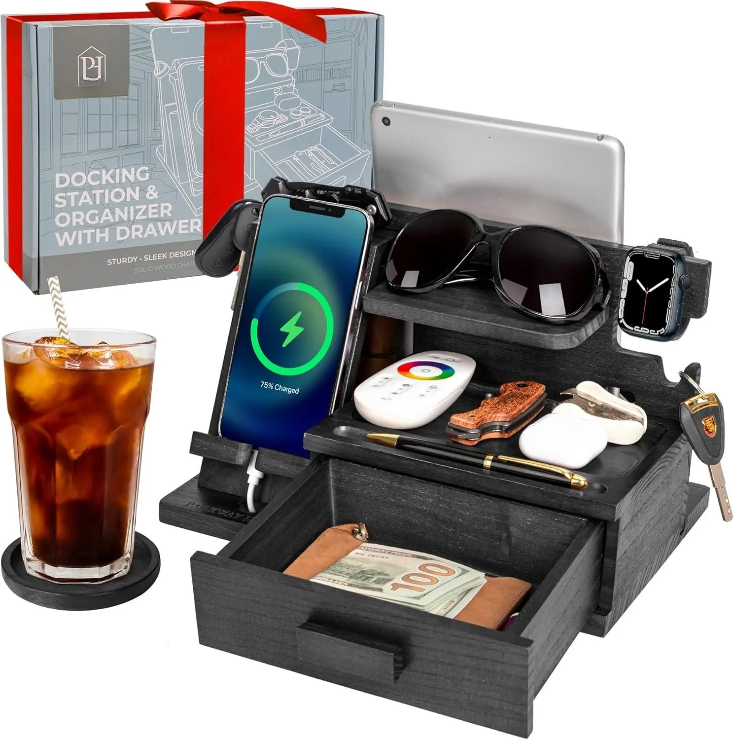 Black  Phone Docking Station with Drawer, Compatible with  Watch -   Station Organizer Stand, Bedside Nightstand Organizer for Men, Holds, Tablet, Glasses, , EDC
