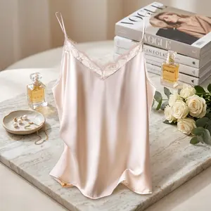 Women's Elegant Satin Camisole with Lace Trim - V-Neck Silk Satin Pajama Tank Top Soft Spaghetti Strap Loose Sleepwear Comfortable Breathable Nightwear Loungewear for Home Relaxation