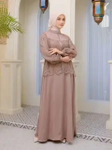 Elegant Women's Floral Embroidered Ruffle Lace Dress, Muslim Women Gowns, Hijabi Cute Dresses, Modest Style Dress, Modest Muslim Outfits, Loose-Fitting Woven Fabric, Casual Style for All Seasons, Moderate Thickness