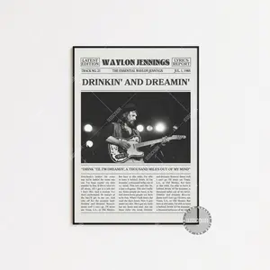 Retro Waylon Jennings Retro Newspaper Print, Drinkin’ And Dreamin Poster No Frame, Print, Turn The Page Poster, Black And White Wall Art
