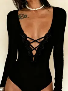 Lace Trim Lace-up Deep V Black Long Sleeve Bodysuit, Womenswear, Sexy Edgy Elegant Slim-fit Jumpsuit, Stretchy Comfortable Fabric, Women Daily Everyday Date Casual Fashion Clothes