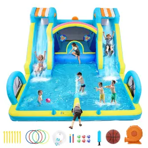 Inflatable Bounce House, Double Water Slide, Premium Oxford Bouncy Castle with Blower for Kids Indoor Outdoor Play