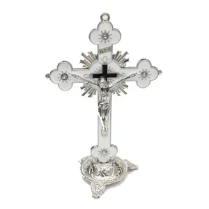 Metal Plum Blossom Jesus Christ Cross Sacred Statue, Religious Ornament for Church, Office & Household Home Decor