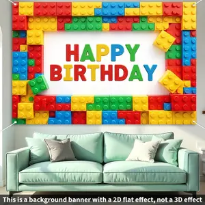 1pc 2D Flat Birthday Party Decoration Banner - Happy Birthday Block Lettering with Colorful Building Blocks, Building Block-like Party Decorations - No Electricity Needed, Easy Hang Indoor/Outdoor Ornaments White