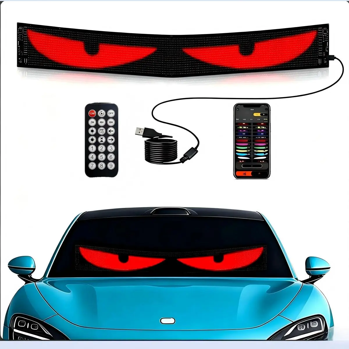 RGB Devil Eyes LED Windshield Display with LED Eyes for Car Windshield - Bluetooth App Control, Custom Patterns, Text, Lighting Effects, IP65 Water-Resistant for Pickup Trucks, SUVs