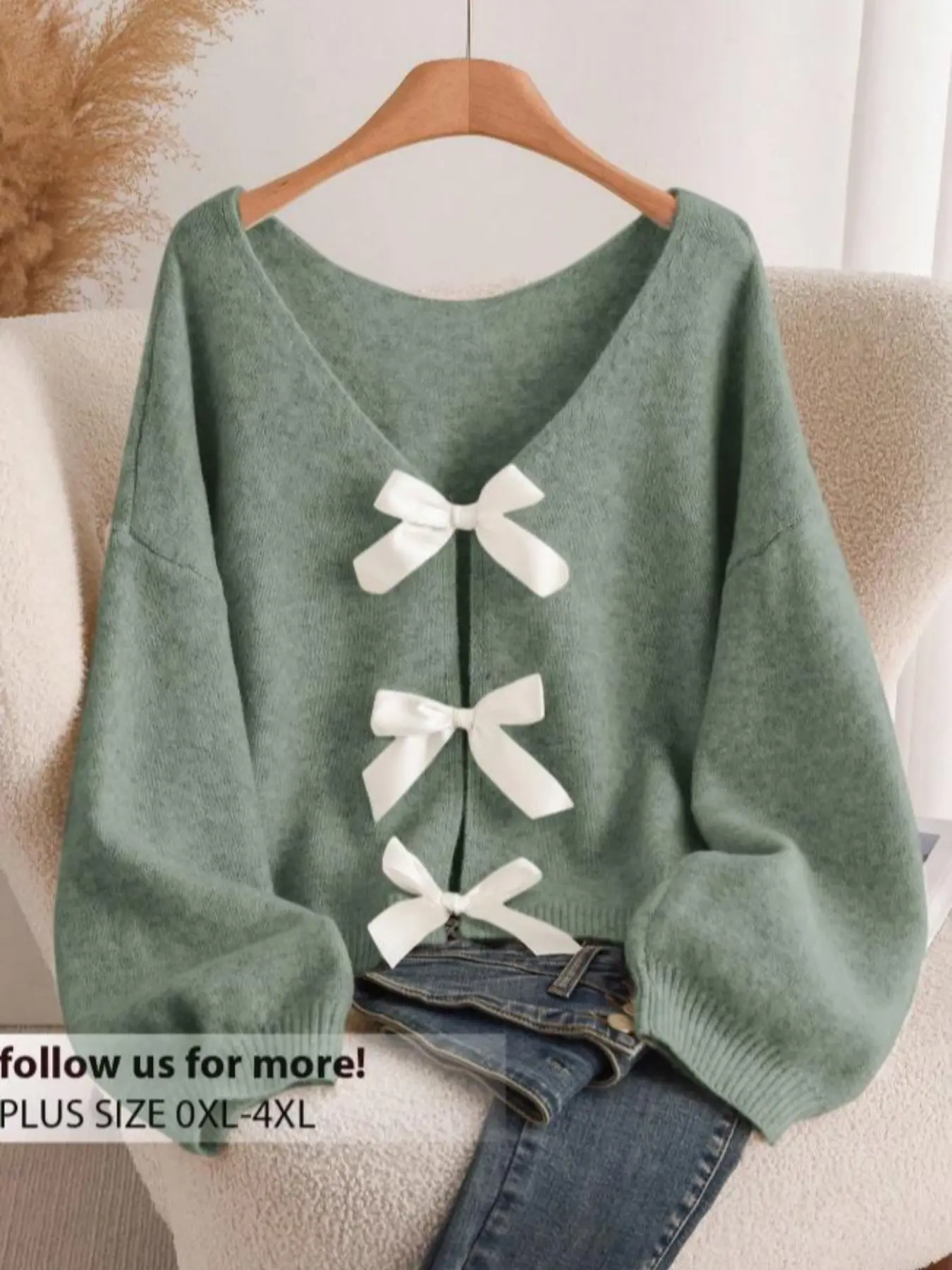Women's Plus Size Bow Decor Long Sleeve Loose Sweater Knitwear Knitting, Lady Womenswear, Comfortable Versatile Design, Perfect for Fall Winter, Fashion Casual Clothing