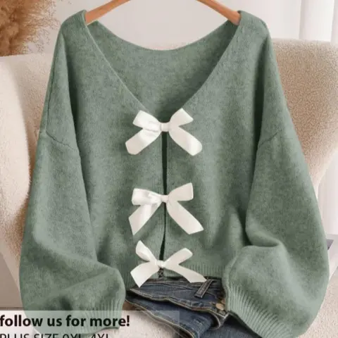 Women's Plus Size Bow Decor Long Sleeve Loose Vneck Sweater Knitwear Knitting, Lady Womenswear, Comfortable Versatile Design, Perfect for Fall Winter, Fashion Casual Clothing, Casual Loose Jumper