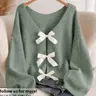 Women's Plus Size Bow Decor Long Sleeve Loose Vneck Sweater Knitwear Knitting, Lady Womenswear, Comfortable Versatile Design, Perfect for Fall Winter, Fashion Casual Clothing, Casual Loose Jumper