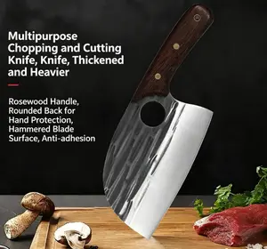 Hand Forged Cleaver Knife Round Head Heavy Duty Chopping Knife with Ergonomic Wood Handle,Meat Processing Multi-Function Stainless Steel Thickened Knife Knife for Meat, Bones & Vegetables for Kitchen Outdoor BBQ Camping Father Mother Christmas Gift