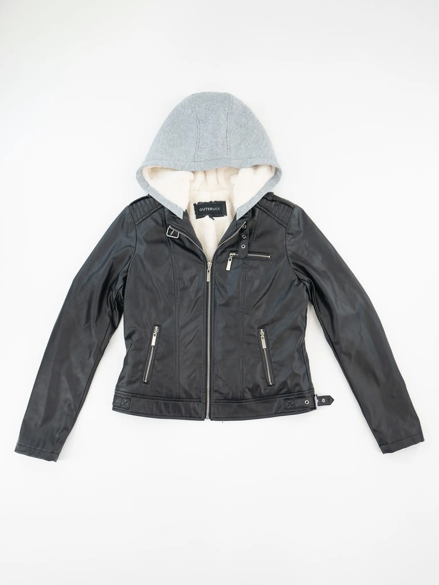 OUTERMIX Women's Premium Vegan Leather Jacket With Faux Fur Lining & Fleece Hood