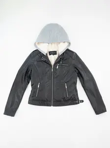 OUTERMIX Women's Premium Vegan Leather Jacket With Faux Fur Lining & Fleece Hood