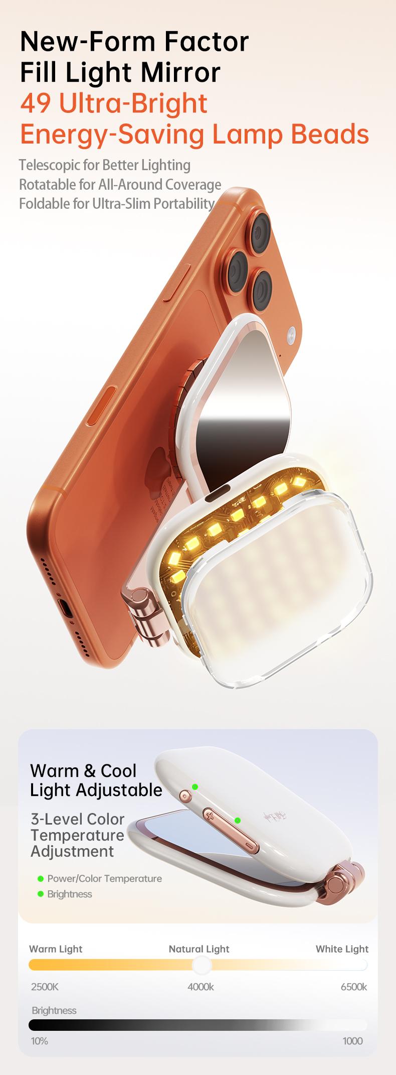 Professional Magnetic Fill Light Mirror, 49 LEDs, Front/Rear 360° Fill, 3 CCT (Warm/Natural/White), Vert/Horiz Stand, Long Battery, Portable Selfie Mirror w/ Universal Joint for Makeup, Vlog, Food Photo