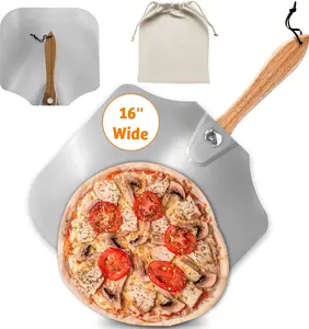 Pizza Peel 16 inch,16" Wx 18" L, Aluminum pizza peel with Foldable Wood Handle and Storage Bag, Non-perforated Wooden