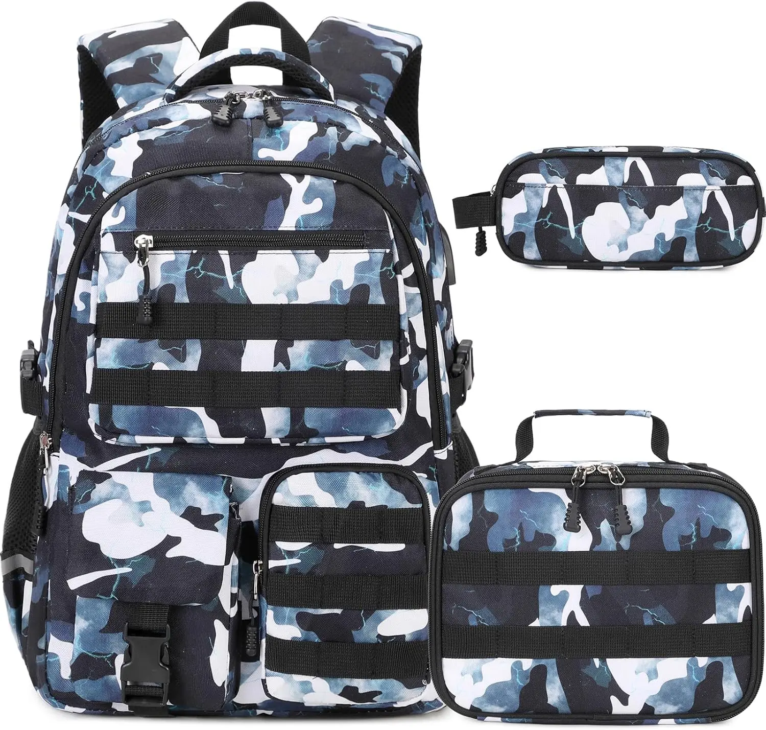 Camo Backpack for Boys, Tactical Boy Backpacks for School, Kids Backpack With Lunch Box Pencil Case USB Charging Port Military Army SchoolBags for Boy Teens Kids Elementary Middle High School