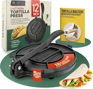 Tortilla Press 12 Inch Cast Iron - , Heavy Duty 12 Inch Tortilla Press - Ebook Tortilla recipes - 5 Non-Slip Rubber  - Pre-Seasoned - Prensa Para Tortillas De 12 Pulgadas Grande