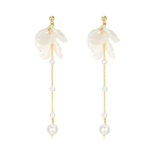 Kruckel White Pressed Flower Long Drop Dangling Stud Lightweight Earrings with Durable Jewelry Box