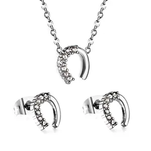 Lucky Charm Jewelry Set: Horseshoe Necklace & Earrings, Stainless Steel, 1cm Pendant with Rhinestones, Perfect for Any Occasion high quality
