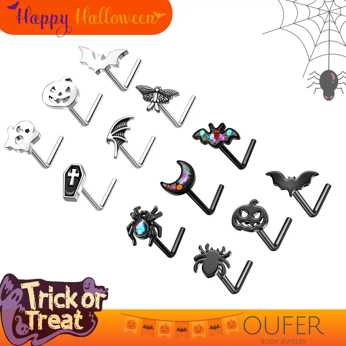 Oufer Halloween 20G 3PCS Flat Ghost/Bat/Pumpkin L-Shaped Nostril Studs Set 316L Stainless Steel