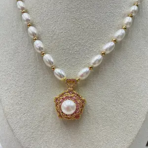 Freshwater Pearl White Rice Pearl Rotating Lucky Star Necklace Natural Pearl Festival Gift 18inches