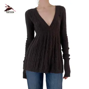 Women Cable Knit Sweater Solid V Neck Long Sleeve A-line Pullover Tops Casual Winter Fall Clothes