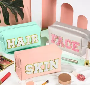 Patch Makeup Bag, SKIN HAIR Chenille Letter Cosmetic Toiletry Bag,PU Leather Skincare Makeup Pouch for Women Girls, Portable Makeup Organizer Pouch Set for Travel