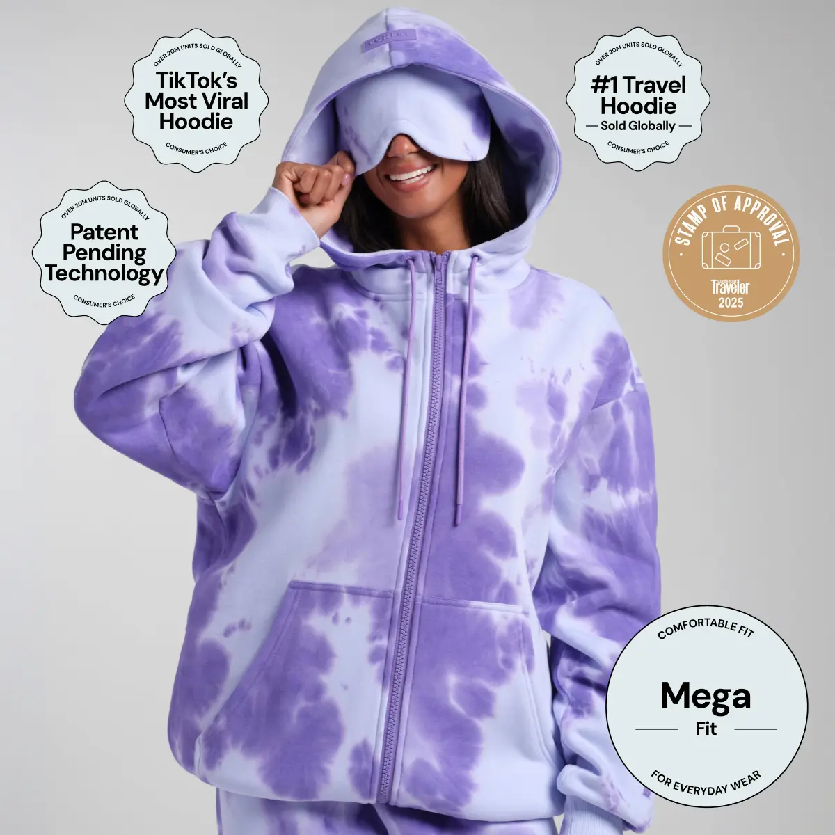 Comfrt | Airplane Mode Travel Zip Hoodie - Mega | Zip Up Hoodie With Eye Mask For Travel & Airport Outfits