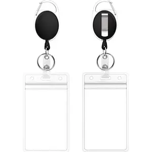 Retractable Badge Holder with ID Card Holder, Name Tag, Clear Vertical Badge Reel with Belt Clip, 2 Pack