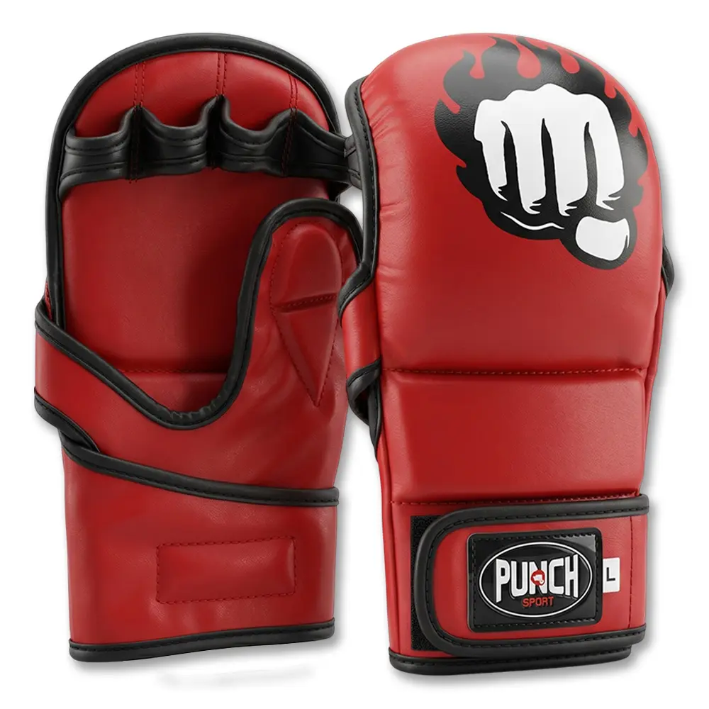 Punch Sports Hybrid MMA Gloves Synthetic Leather Training & Sparring Gloves with Open Palm, Triple-Lock Wrist Strap, Pre-Curved Design for MMA, Kickboxing & Grappling