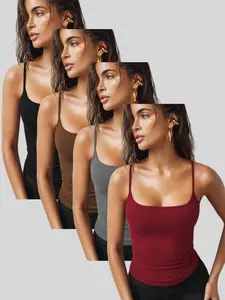 New Pure Color Sexy Halter Tank Top Set, Women's Inner Layer Basic Minimalist European Style Slim Fit Short Sleeve Tops, 4 Piece Set