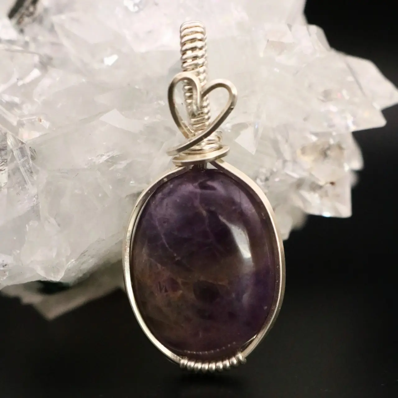 Silver Wire Wrapped Amethyst Crystal Necklace Pendant