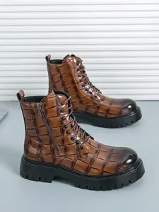 New Men's Crocodile Pattern Boots, British Style Thick Sole Height Increasing Short Boots, High Top Leather Shoes with Zipper, Closed, Footwear