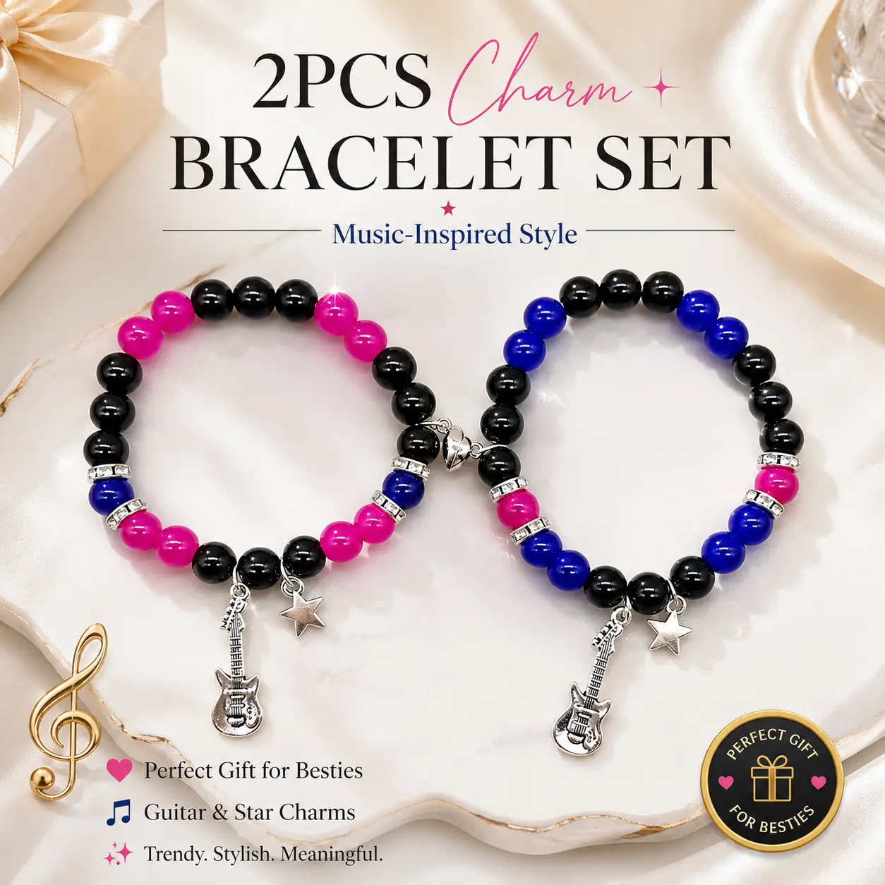 2PCS Best Friend Guitar Charm Bracelet Set, Colorful Stretch Beaded Matching Bracelets with Star Pendants, Friendship Jewelry Gift for BFFs