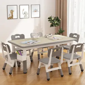 【GARVEE】Adjustable Height Table and 6 Chairs Set for Toddlers, Multi-Activity Study Table with Graffiti Desktop, Suitable for Home, Daycare, Preschool, Ages 2-10, Available in Grey, Nature, and Pink