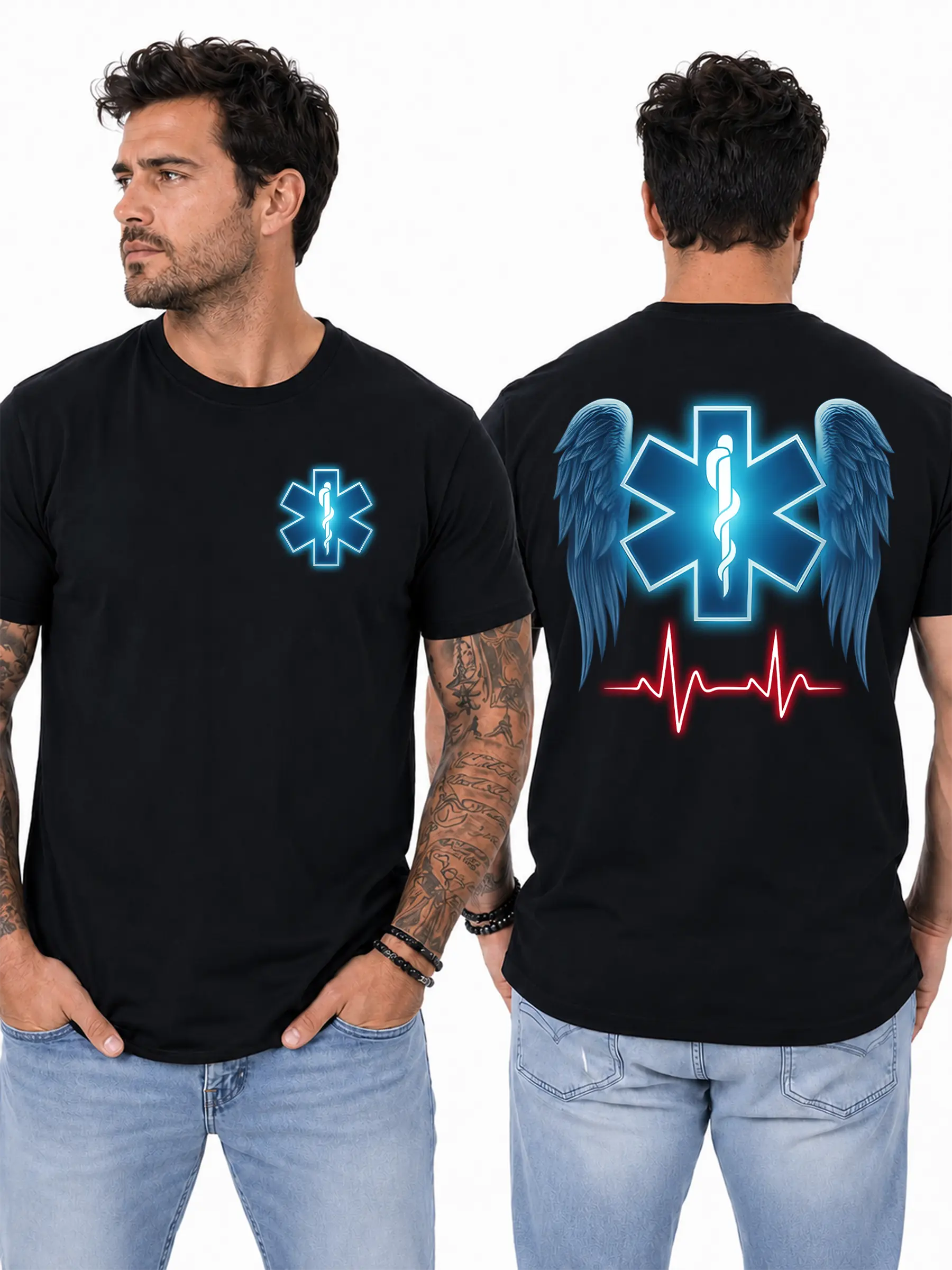 EMS Angel Wings T-Shirt, Blue Star of Life & Heartbeat Graphic, EMT Rescue Graphic Shirt for Paramedics & First Responders, Gift for Emergency Medical Heroes Design