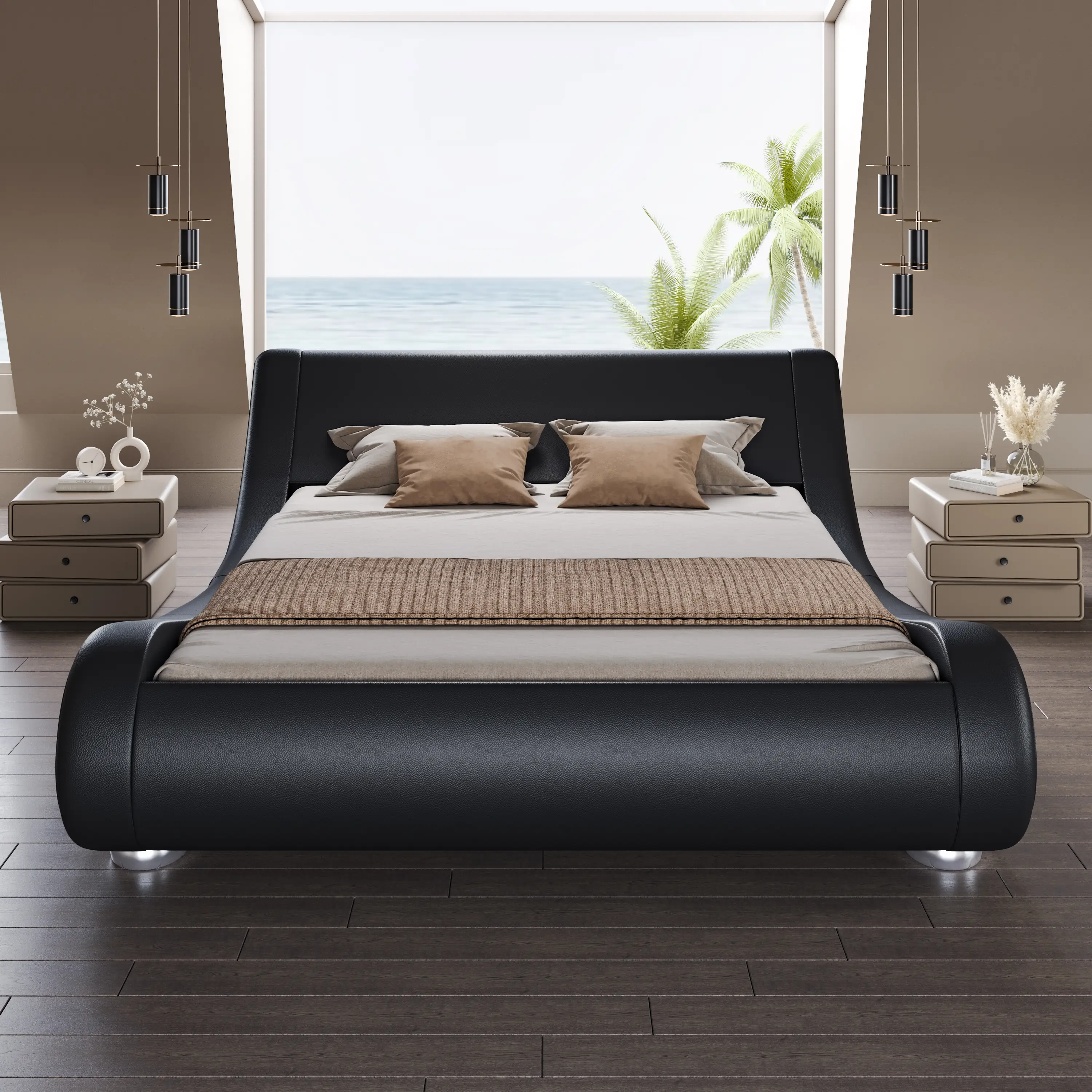 SHA CERLIN Upholstered Bed Frame, 【Frame Only No Mattress】Deluxe Low Profile Sleigh Bed with Faux Leather Ergonomics Headboard, No Box Spring Needed#T