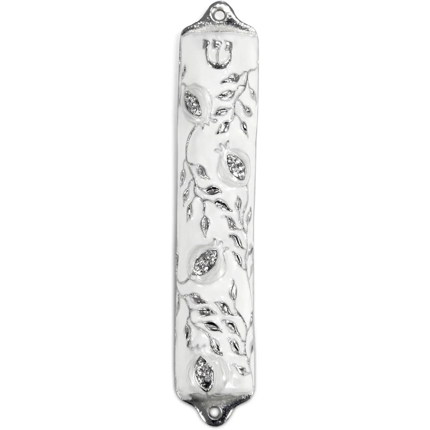 4" White Modern Synthetic Pewter Mezuzah Case - Pomegranate Tree Motif, Jerusalem-Made, Long-Lasting Durable, Indoor Religious Home Decor, Wedding Gift