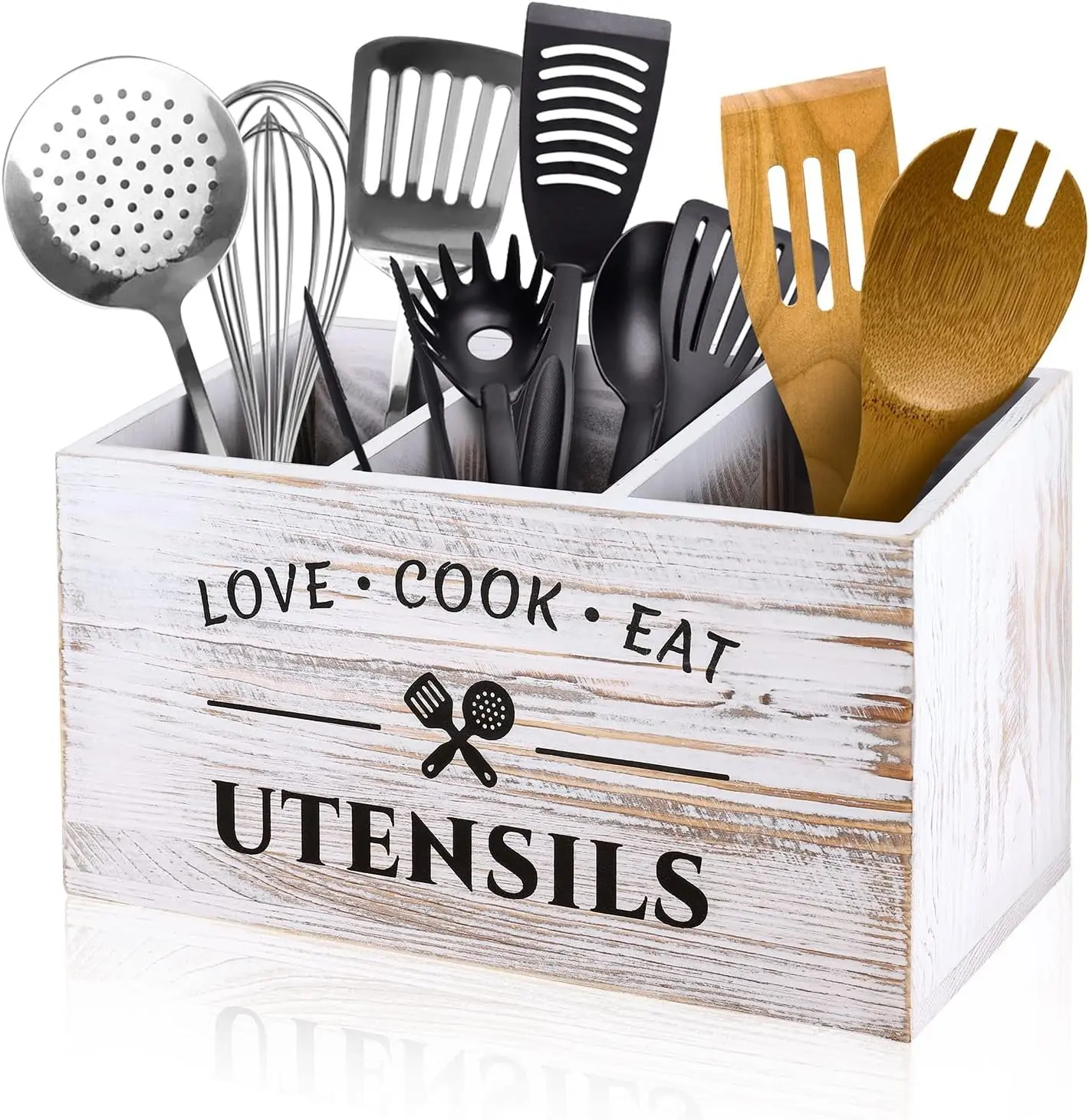 Kitchen Utensil Holder with 3 Compartments, Rustic Wooden Storage Organizer Box Vintage Cutlery Farmhouse Flatware Utensil Caddy Countertop for Silverware Fork Spoon Spatula