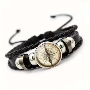 2 Piece Bohemian Vintage Compass Design Adjustable Men's Bracelets - Multi-Layer Faux Leather with Metal Trim, Unique Gifts, Fashion Party & Everyday Accessories, Exquisite Beaded Charm Strap