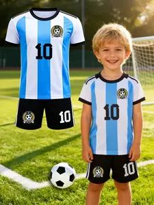 Boys' Argentina 10 soccer set features blue-white striped jersey and black shorts, with "Argentina" logo & number 10, ideal for matches/fan events, commemorative and functional, Sportswear Set