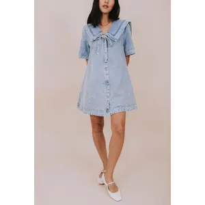 Meet Me At Noon Dress - Light Blue Denim Mini Dress with Short Sleeves, Button-Down Front, Tied Bow Detail, Pockets, and Vintage-Inspired Pan Collar