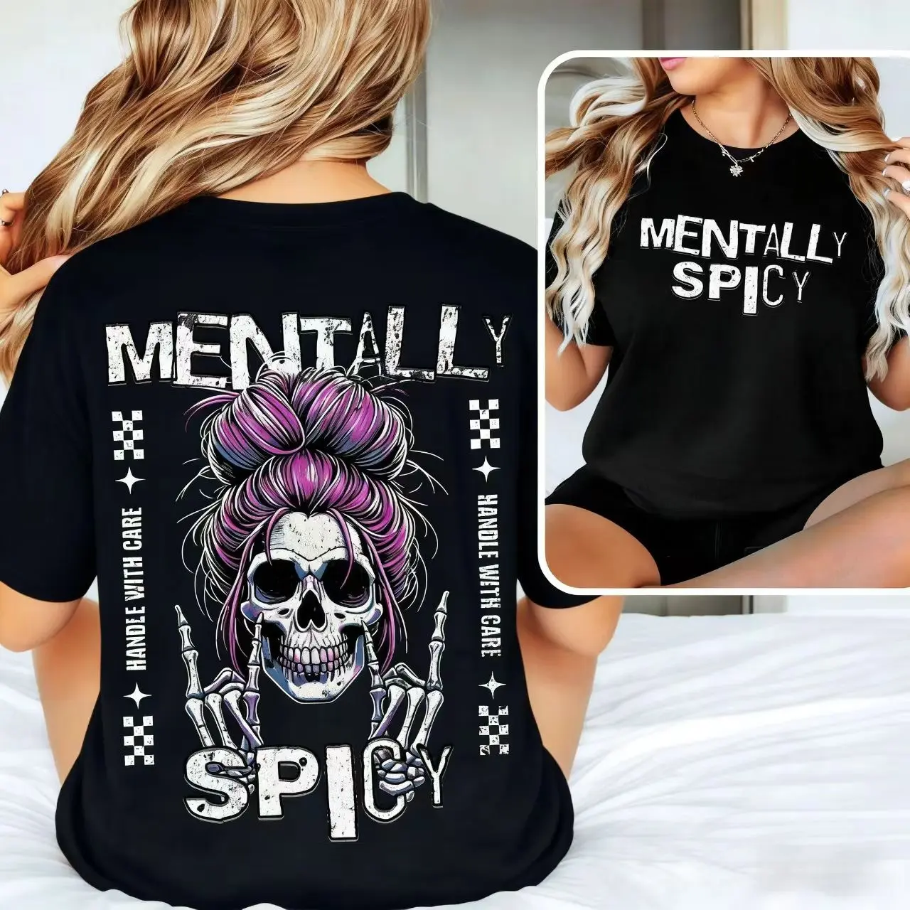 Men's Oversized Casual Cotton Fabric Menswear Short-Sleeve T-Shirt - Unisex Round Neck Pullover with Mentally Spicy Sassy Skull, Purple Messy Bun, Skeleton Hands, Handle With Care Vibes for Spicy Souls (Black, XL)